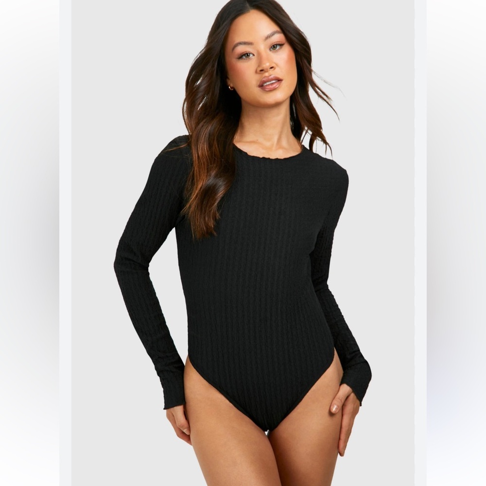 SHEIN Black Textured Long Sleeve Bodysuit